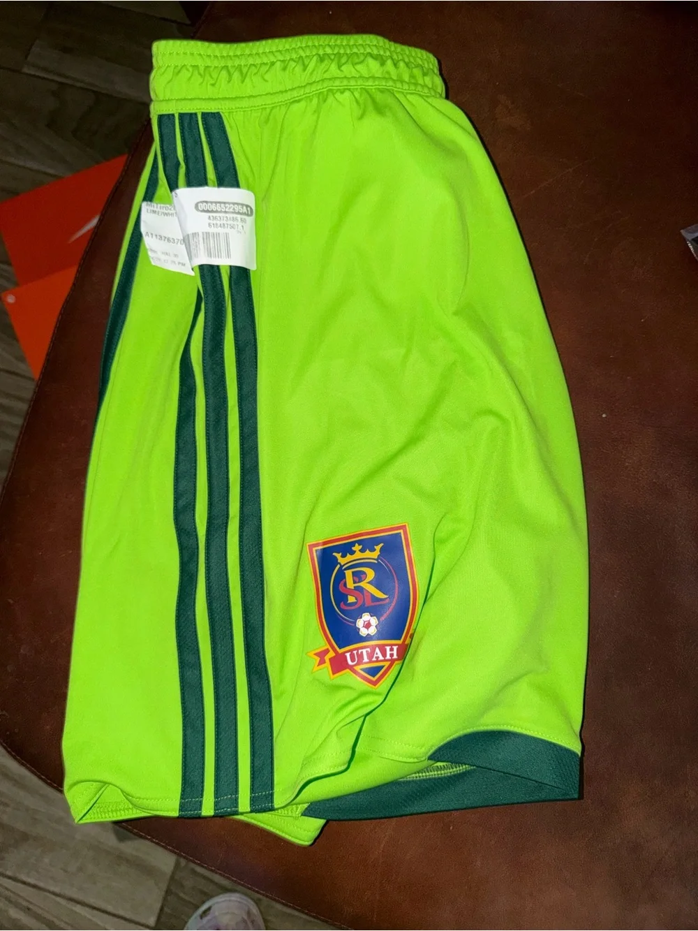 adidas Neon Green Men’s Athletic Shorts with Dark Green Stripes